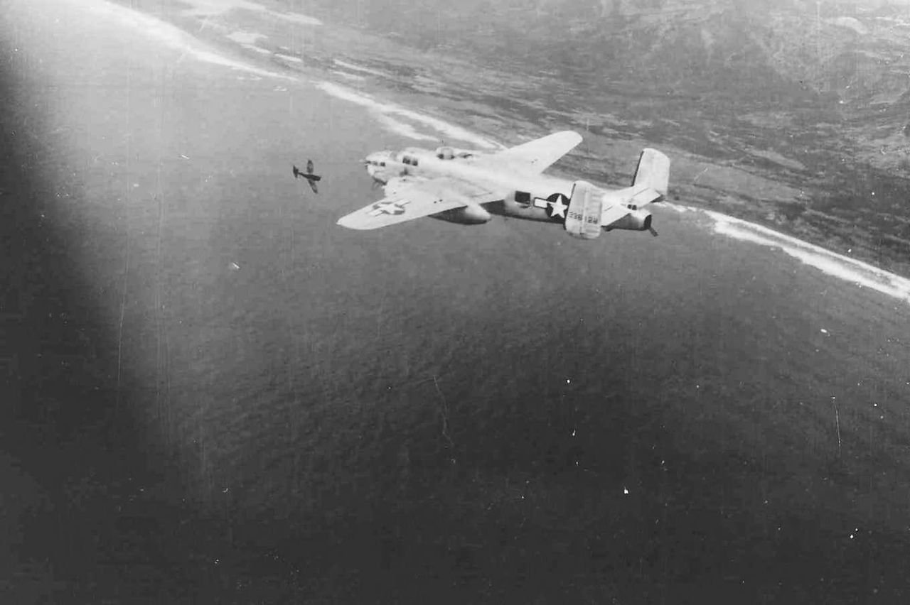 B-25J_Mitchell_77th_BS_Being_Attacked_by_Japanese_Fighter.jpg